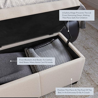 BELLEZE Storage Faux Leather Ottoman, 47 Inch Bench Bedroom Bench with Safety Close Hinge, Extra Long Ottoman with Storage for Living Room, Entryway, Hallway, Foot Rest, Support 300lbs - Beige