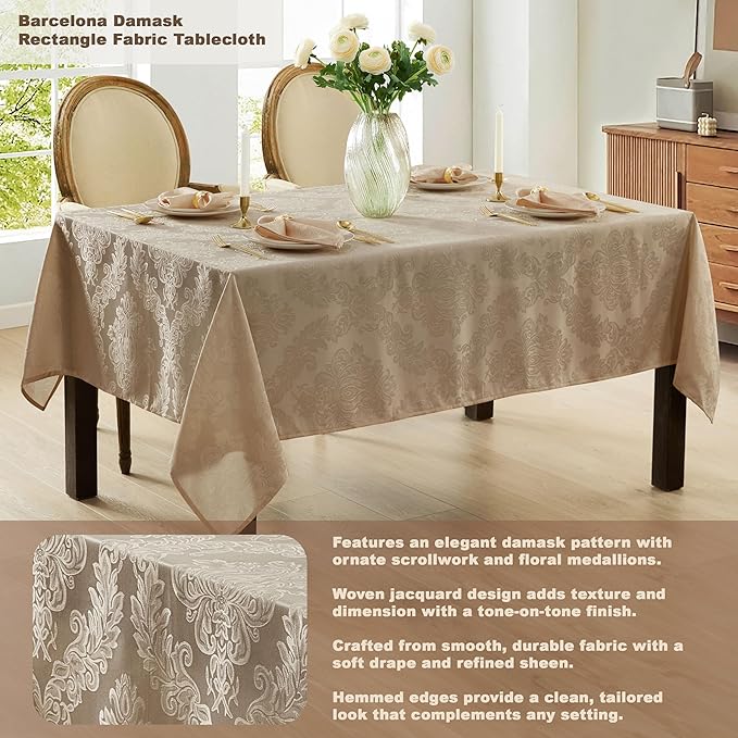 Newbridge Barcelona Luxury Damask Fabric Tablecloth, 70” Extra Wide x 126” Rectangle, Golden Beige, 100% Polyester, No Iron, Soil Resistant Dining Room, Party and Banquet Table Cover