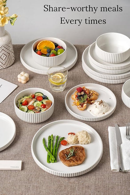 Dinnerware Sets for 4,Microwave Safe Plates and Bowls Sets,12 Piece Dylan Dish Set,Reactive Glaze Stoneware Dinnerware Set (Gloss Reactive Snow White, Service for 4 (12pcs))