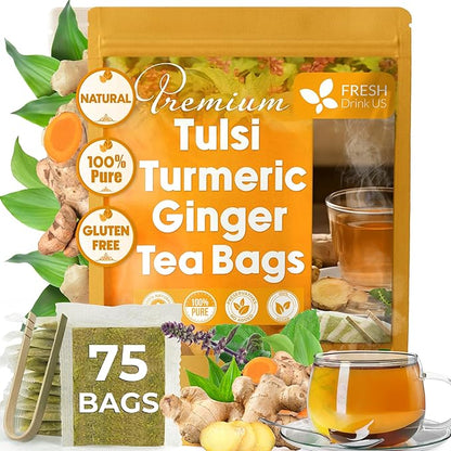 FreshDrinkUS, Premium 75 Tulsi Turmeric Ginger Tea Bags, 100% Natural & Pure from Tulsi Holy Basil Leaves, Turmeric and Ginger. Made with Natural Material Tea Bags. No Sugar, No Caffeine, Vegan.