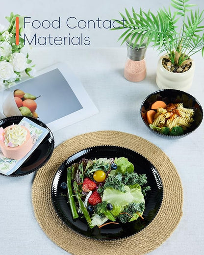 Dinnerware Sets for 4, 12 Pieces Opal Glass Plates and Bowls Set, Dishwasher and Microwave Safe Ribbed Dish Dinning Ware, Chip and Scratch Resistant Dishware, Black