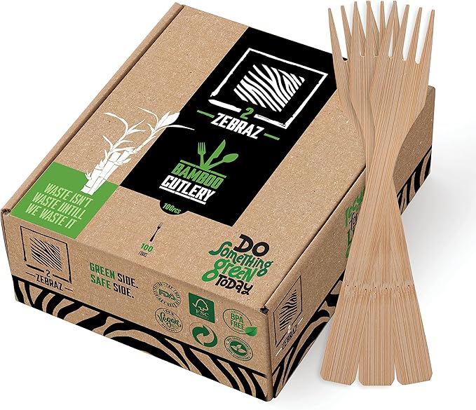 2ZEBRAZ 100% Bamboo Cutlery Set - 100 Forks, Smooth Reusable Biodegradable Silverware, Compostable and Durable Disposable Utensils, Eco-Friendly Flatware in Premium Box