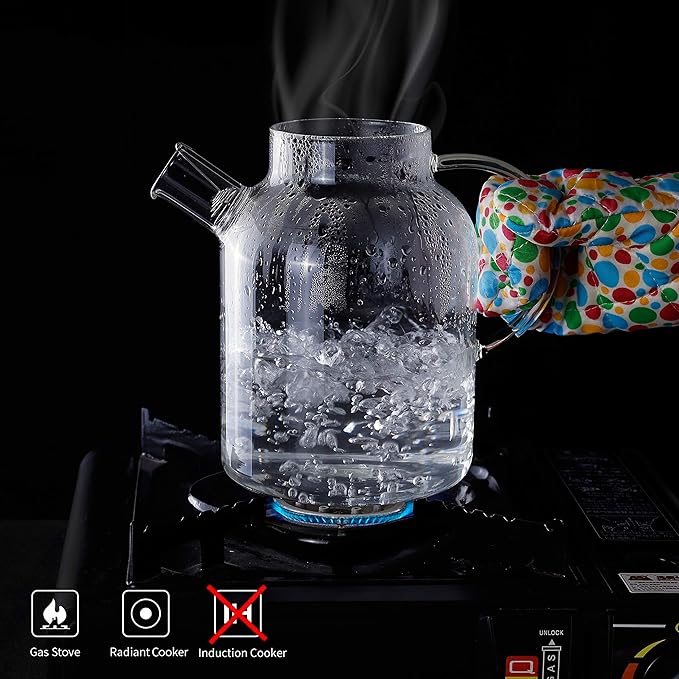 CnGlass Glass Teapot Stovetop Safe,50.7oz Clear Glass Pitcher with Removable Filter Spout for Loose Leaf and Blooming Teabag