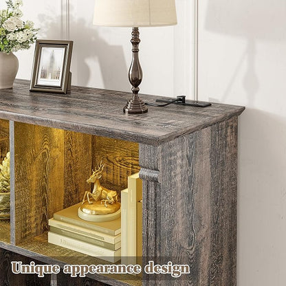 EnHomee 10 Cube Storage Organizer with LED Light and Charging Station Wood Cube Shelf Display Cabinet for Bedroom Living Room,Office,Black Oak