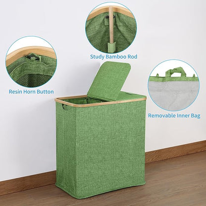 efluky Laundry Hamper with Lid, Double Laundry Hamper with 2 Removable Bags, 2 Section Laundry Basket with Bamboo Handles for Bathroom, Bedroom & Laundry Room,140L Green