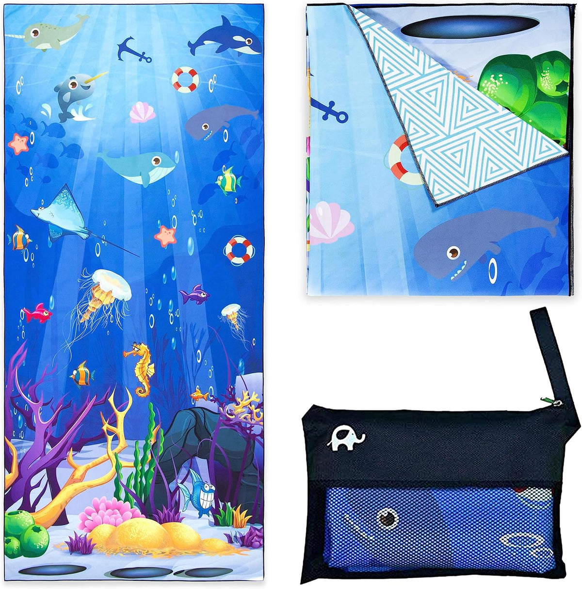 Elite Trend Quick Dry Towel Large 63x31 Inch - Microfiber Beach Towel - Perfect for Beach, Travel, Swimming, Pool, Yoga, Hiking, Camping - Lightweight, Fast Drying, Compact for Adults (Sea Animal)