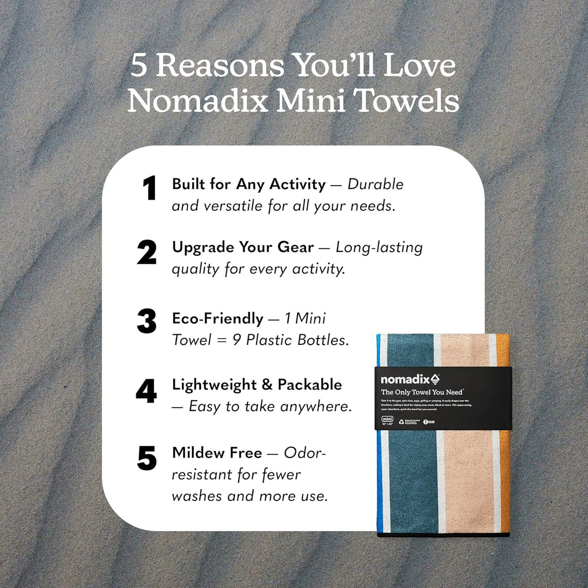 Nomadix Mini Towel - Perfect for Beach, Pool, Travel, Camping, Yoga - Made with Recycled Materials - Super Absorbent - Sand Resistant - Stripes Retro - 16x40