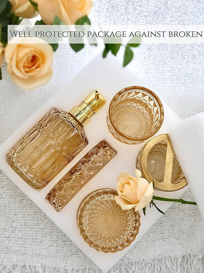Clear Gold Bathroom Accessorries Set, 5Pcs Glass Bathroom Accessories, Lotion Soap Dispenser, Toothbrush Holder Set, Soap Dish, Tumbler, Qtips Holder for Bathroom Vanity Decor, Yellow Gold