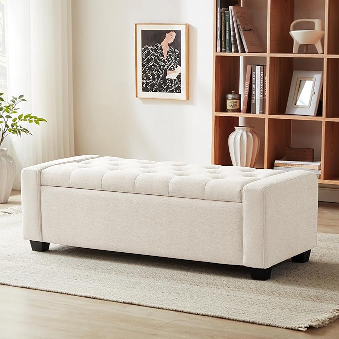 48" Ottoman with Storage, Storage Ottoman Bench with Safety Hinge, Upholstered Entryway Bench with Seating for Bedroom, Living Room, Holds up to 330 lb, Beige