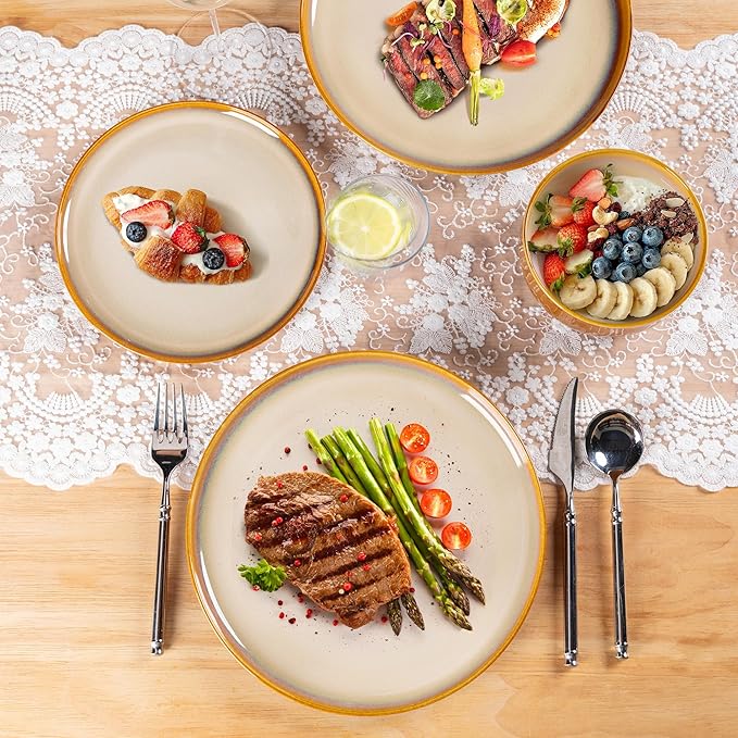 LERATIO Ceramic Dinnerware Sets for 4,12 Pieces Poreclain Plates and Bowls Sets,Scratch Resistant Dishes,Dishwasher & Microwave Safe,Oven Safe Dishes Set,Service for 4-Kahki
