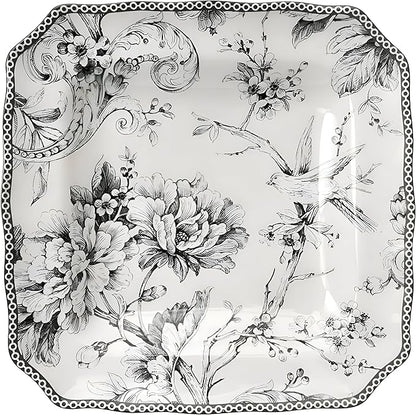 222 Fifth Adelaide 16-Piece Square Floral Dinnerware Set – Service for 4, Grey & White Porcelain Plates & Bowls, for Everyday Dining & Entertainment, Microwave & Dishwasher Safe, Chip Resistant