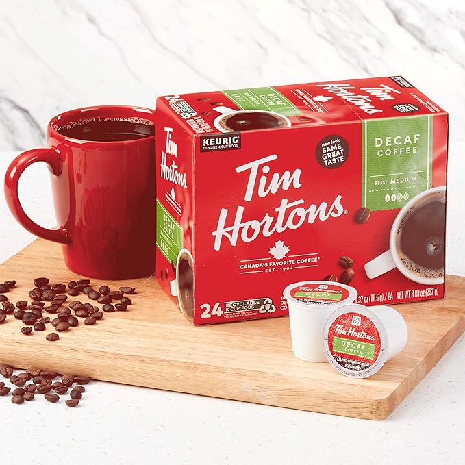 Tim Hortons Decaf, Medium Roast Coffee, Single-Serve K-Cup Pods Compatible with Keurig Brewers, 24ct K-Cups