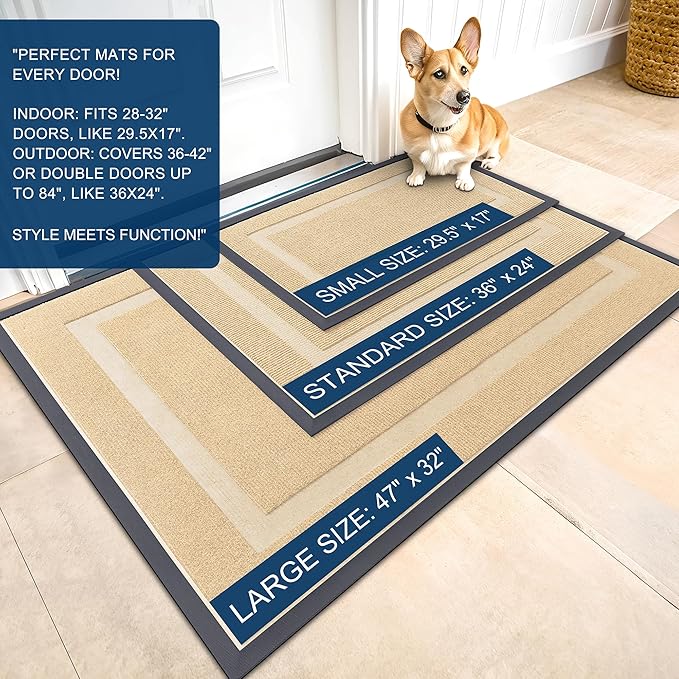 OLANLY Front Door Mat Indoor Outdoor Entrance, Waterproof All-Season, All-Weather Doormat, Sturdy Natural Rubber, Fade Resistant, Low Profile, Easy Clean Patio Porch Entryway Mat, 47x17, Beige