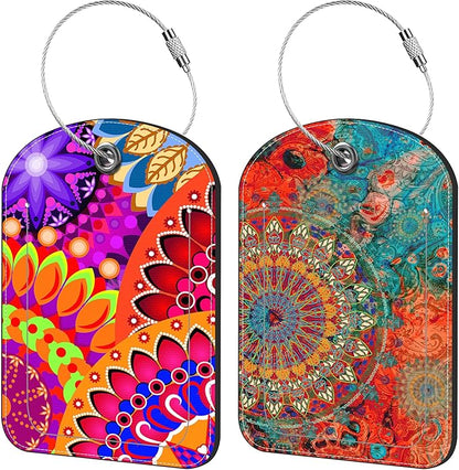 Colorful Mandala Luggage Tag for Suitcase Set of 2 PU Leather Cute Luggage Tags with Stainless Metal Loop ID Label Privacy Flap Suitcase Tags for Women and Men Travel