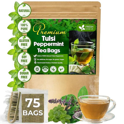 FreshDrinkUS, Premium Tulsi Peppermint Herbal Tea – 75 Tea Bags, 100% Natural, Blend of Tulsi Holy Basil Leaves, and Peppermint Leaves. Made with Natural Material Tea Bags. No Sugar, Vegan.