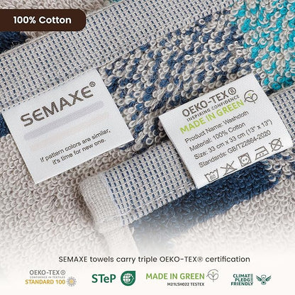 SEMAXE 100% Cotton Washcloths for Bathroom - 24 Pack, Quick-Dry Face Towels with Hanging Loop, Highly Absorbent and Soft, 13x13 Inch, Yellow | Blue | Grey | White