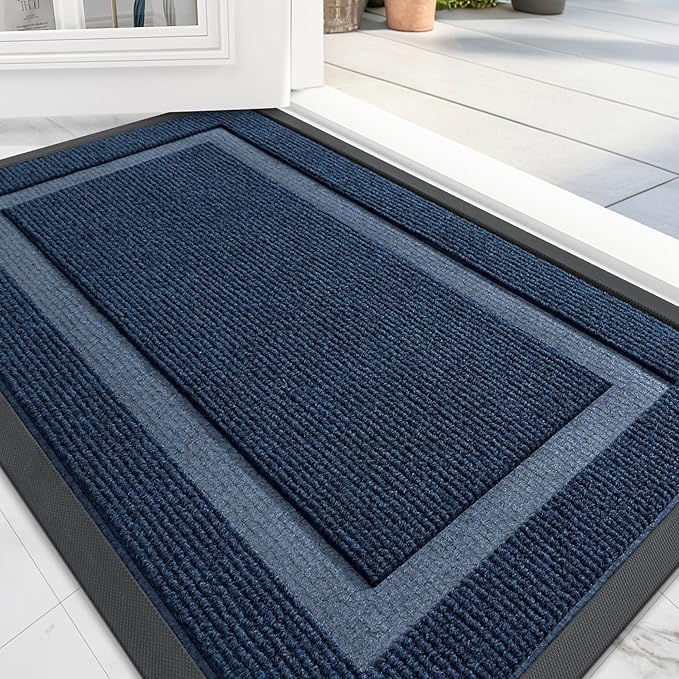OLANLY Front Door Mat Indoor Outdoor Entrance, Waterproof All-Season, All-Weather Doormat, Sturdy Natural Rubber, Fade Resistant, Low Profile, Easy Clean Patio Porch Entryway Mat, 47x32, Blue