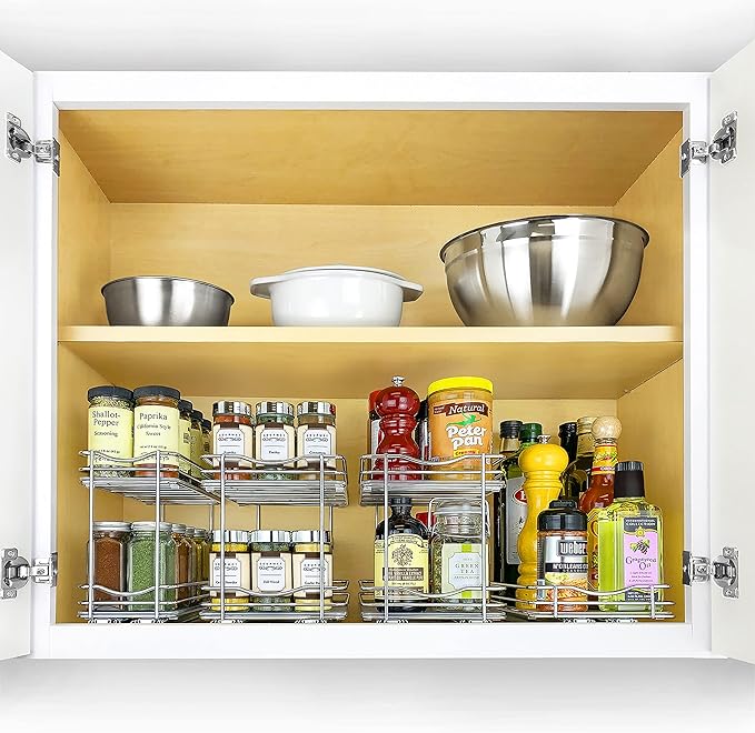 LYNK PROFESSIONAL® Pull Out Spice Rack Organizer for Inside Kitchen Cabinets - 10-3/8 inch Wide - Slide Out Drawer – Chrome Sliding Spice Cabinet Organization Shelf Racks - 2 Tier
