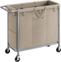 SONGMICS Laundry Basket with Wheels, 3-Section Rolling Laundry Hamper, 52.8 Gallons (200 L), Removable Liner, Steel Frame with Handle, 35.8 x 15.4 x 31.9 Inches, Camel Brown URLS005N01