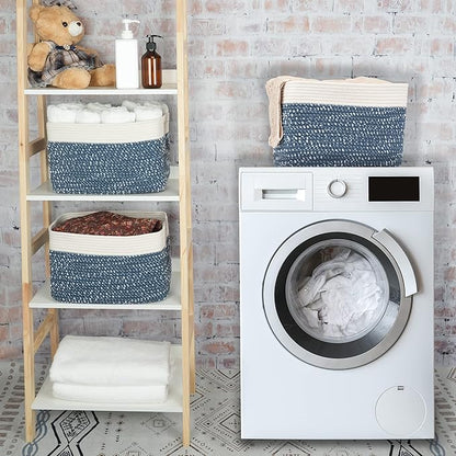 White and Blue Cotton Rope storage Basket Bins Woven Basket for Organizing Shelves 14.5X9.5X9.3“ Rectangle Decorative Baskets For storage Books Towels Wicker Nursery basket organizer Set of 3