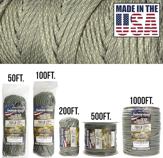 TOUGH-GRID 750 Paracord Rope Nylon Parachute Cord, Made in USA Survival Kit, Outdoor Adventures, Camping, Tactical Gear & Emergency Supplies, Military Type IV Mil-Spec