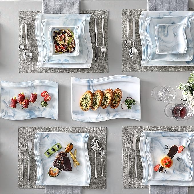 MALACASA Plates and Bowls Sets, 26 Piece Blue Dinnerware Sets