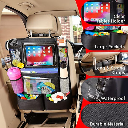 Helteko Backseat Car Organizer, Kick Mats Back Seat Protector with Touch Screen Tablet Holder, Back Seat Organizer for Kids with 9 Storage Pockets, Travel Accessories (2 Pack, Ocean Blue)