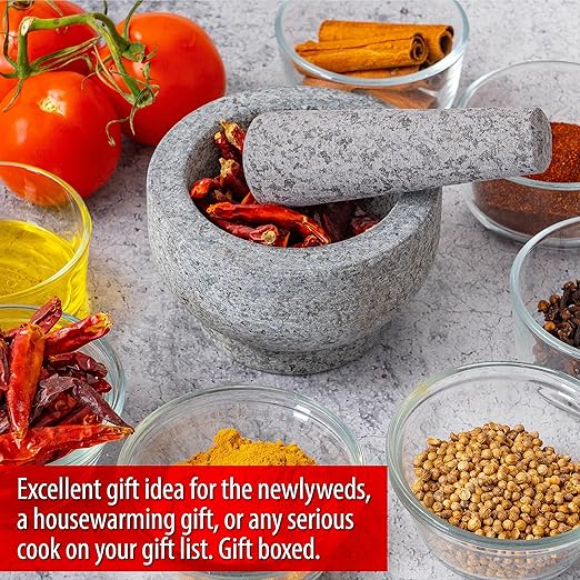 Maxam Grey Mortar and Pestle Set - 5 Inch - 1 Cup Capacity - Heavy Granite for Grinding Spices, Herbs and Avocado Masher for Guacamole and Pesto