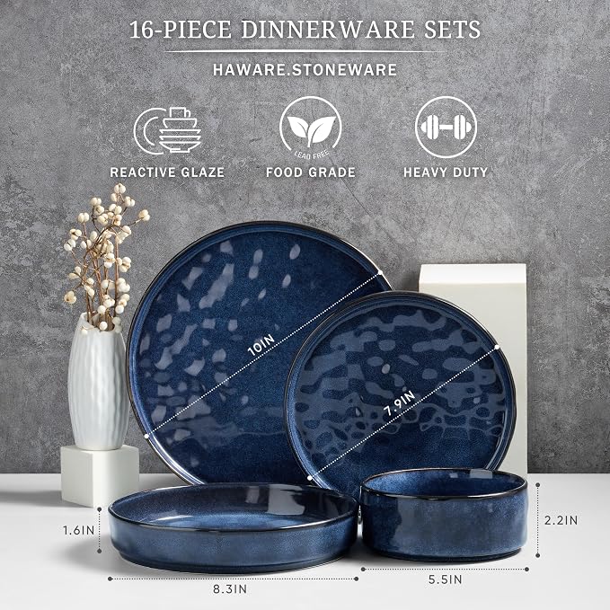 HaWare Dinnerware Sets, 16-Piece Plates and Bowls Set, Reactive Starry Blue |