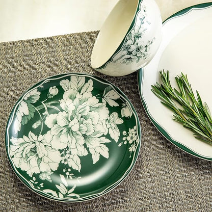 222 Fifth 12-Piece Porcelain Dinnerware Set for 4, White & Sage Green Plates and Bowls Set, Glossy Ceramic Dish Set with Detailed Floral Design, Microwave & Dishwasher Safe Dishes for Dining, Brittany