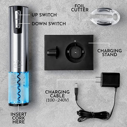 Zulay Kitchen Electric Wine Opener With Charging Base - 3-In-1 Automatic Wine Bottle Opener & Foil Cutter - Rechargeable Wine Opener Electric For Smooth & Fast Uncorking