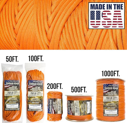 TOUGH-GRID 750 Paracord Rope Nylon Parachute Cord, Made in USA Survival Kit, Outdoor Adventures, Camping, Tactical Gear & Emergency Supplies, Military Type IV Mil-Spec