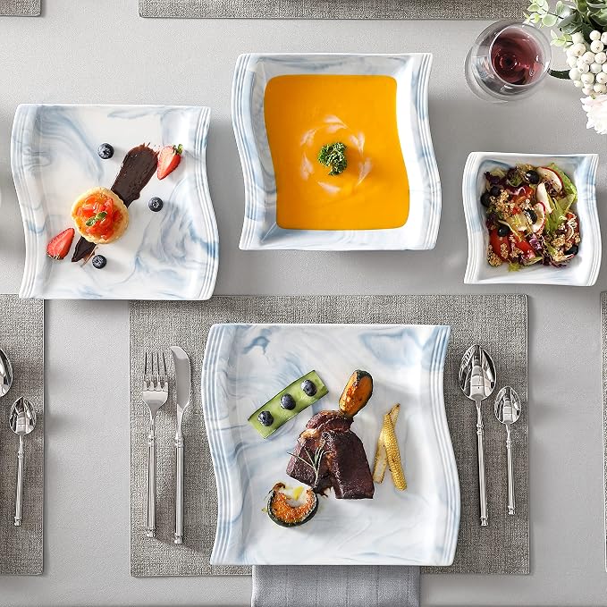 MALACASA Plates and Bowls Sets, 26 Piece Blue Dinnerware Sets