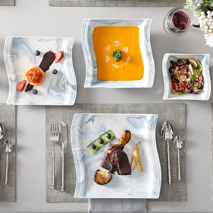 MALACASA Plates and Bowls Sets, 26 Piece Blue Dinnerware Sets